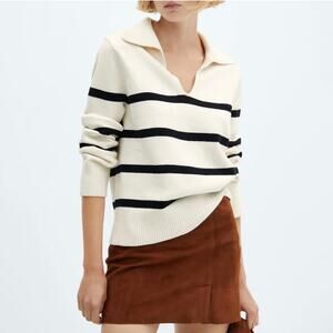 Mango NWOT Striped Polo Neck Sweater Cream Black Collared Nautical Breton S